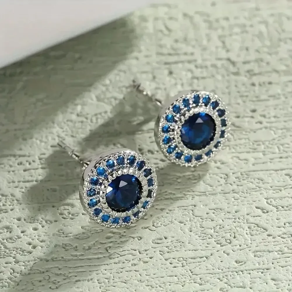 Round Multi Blue Zirconia Crystal Stud Earrings Silver Post Gemstone Elegant New